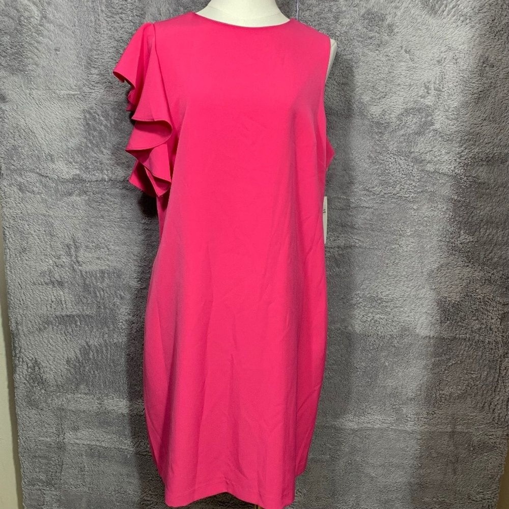Julia Jordan Sheath Dress Womens 16 Hot Pink Ruffle One Sleeve Knee Length